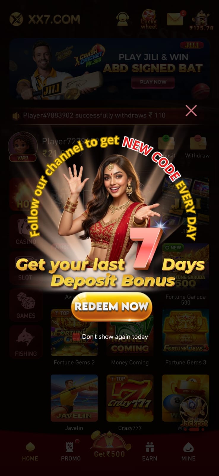 XX7 Game daily bonus screen with deposit reward